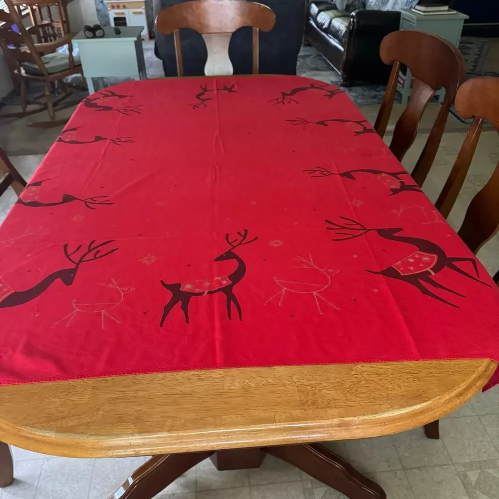 California Hand Prints Reindeer Tablecloth 52x66 Inches Red Christmas Cotton